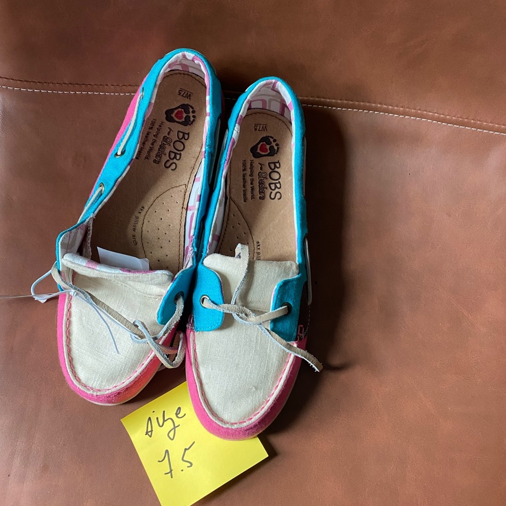 BOBS from Skechers Women’s Canvas Boat Shoes in White, Turquoise & Pink